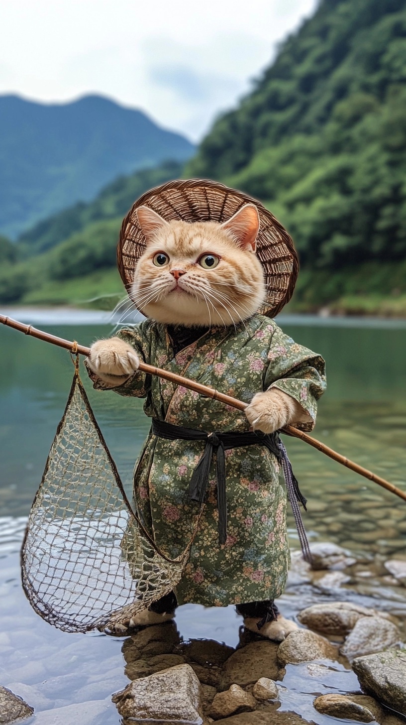 Joyful Cat Fishing in Traditional Shui Culture