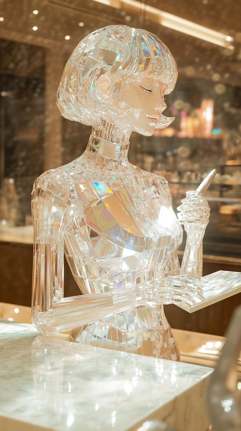 Elegant Crystal Waitress in Ethereal Cafe