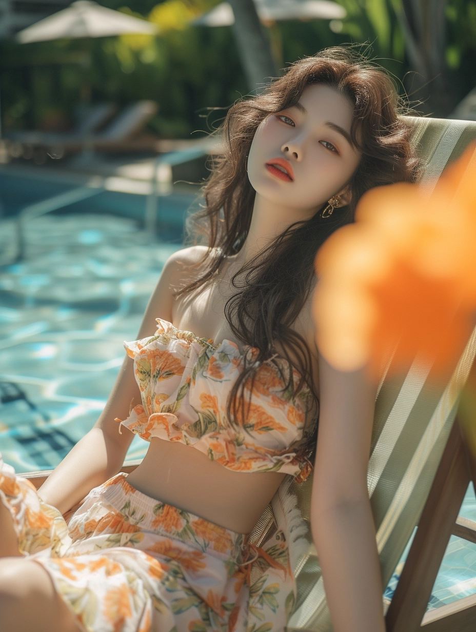 Luxurious Resort: Stunning Asian Woman in Summer Dress