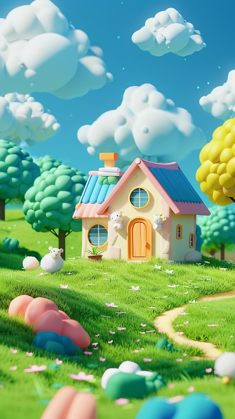 Colorful Nintendo Style Art: Cute House on Grass Field