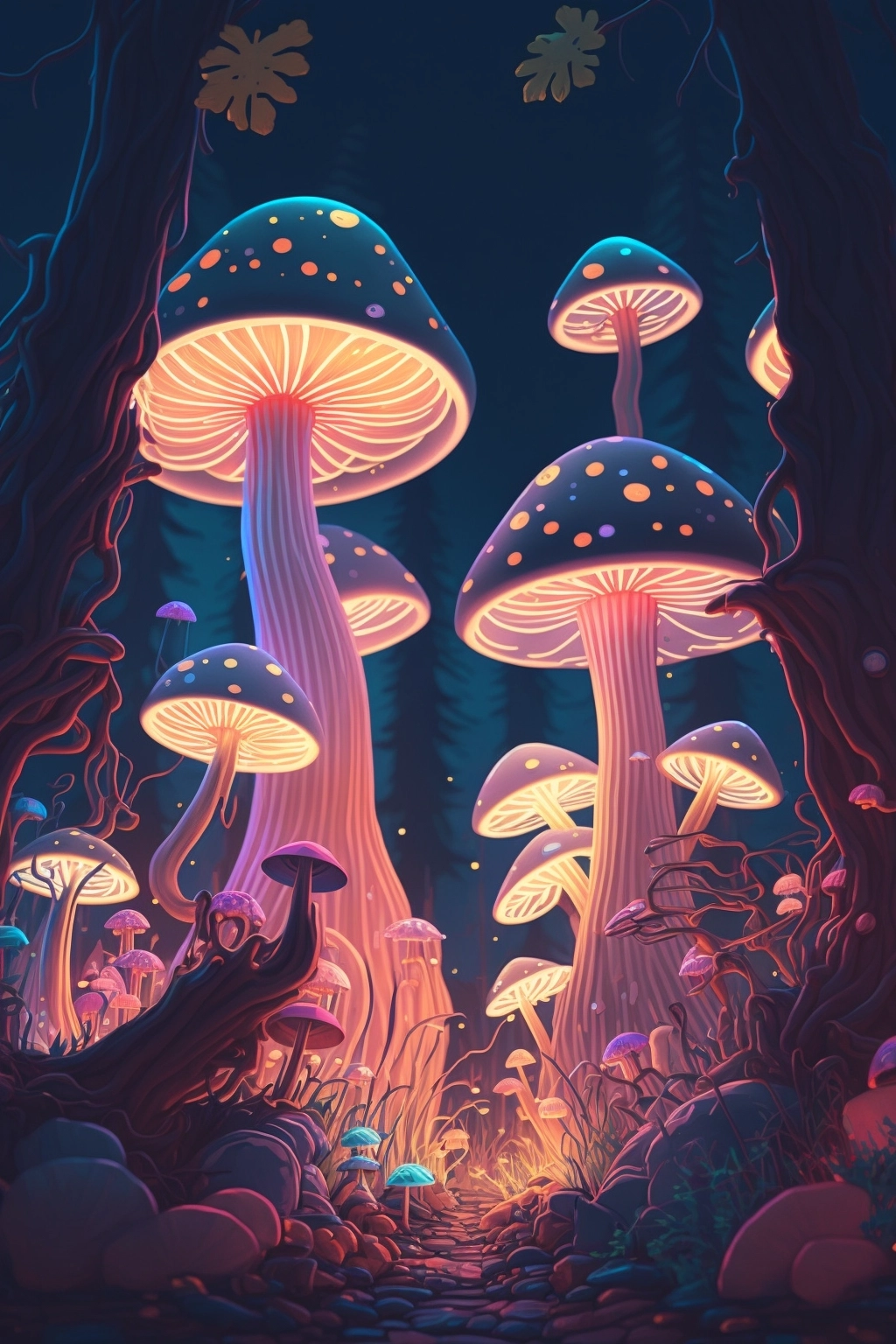 Glowing Forest Mushrooms: Hyper-Detailed Illustrations