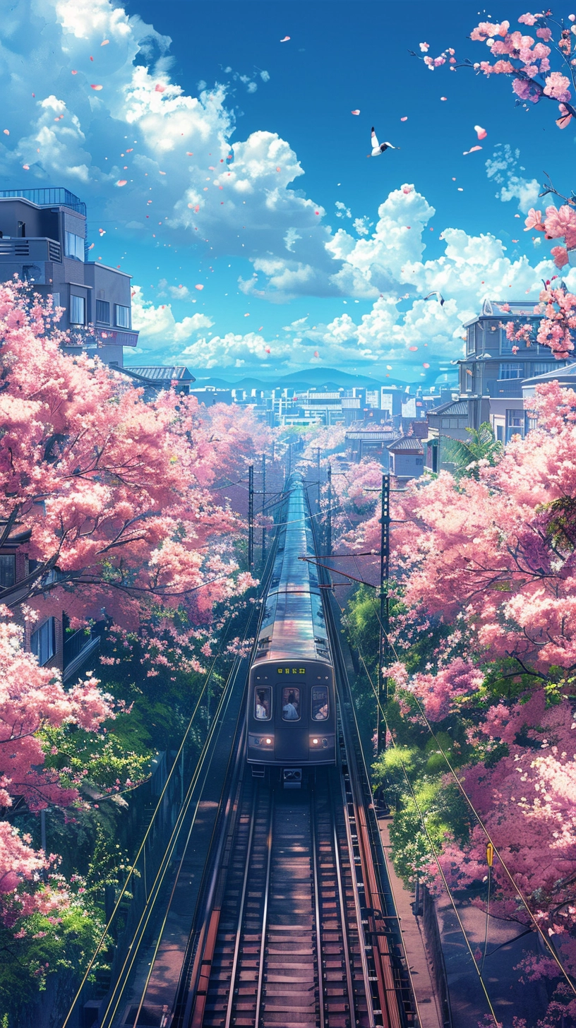 Spring Cherry Blossoms & High-Speed Train in Beijing Suburbs