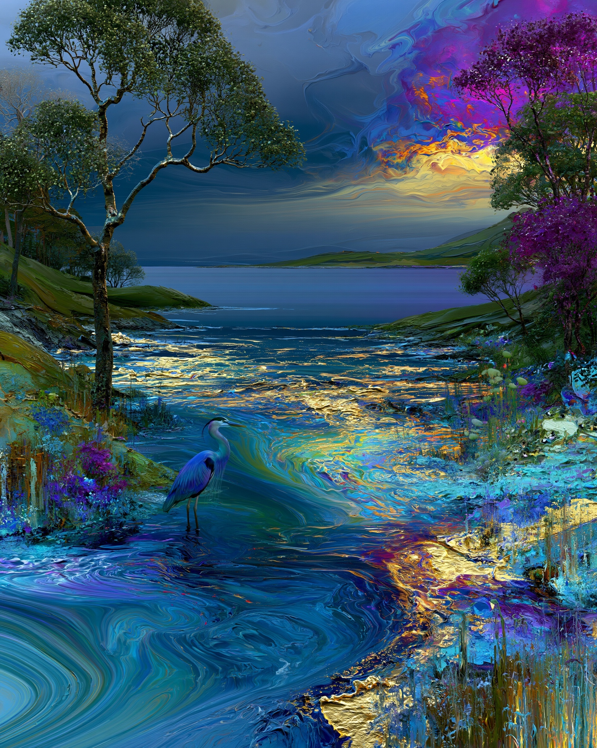 Serene Landscape: Heron Fishing in Tranquil Waters