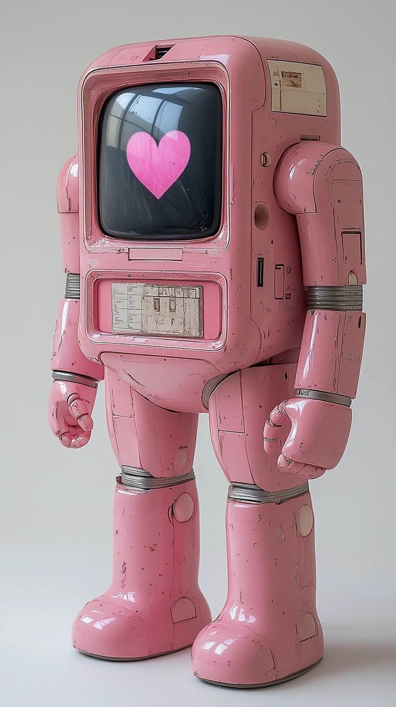 Vintage Pink Robot Toy: Play Heart on Screen!