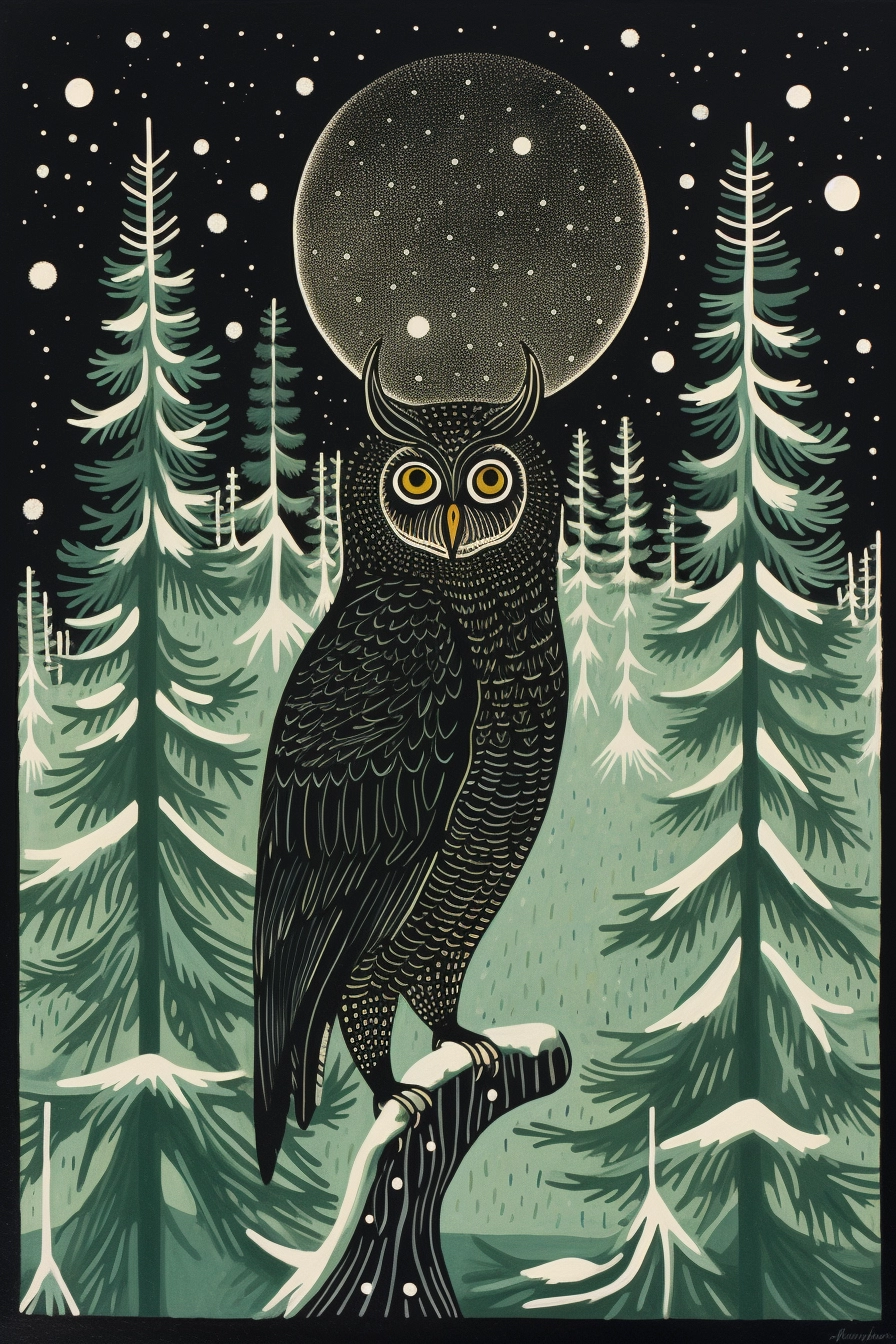 Whimsical Winter: Art Nouveau Block Prints & Anthro Owl-Cat in Enchanting Forest Path