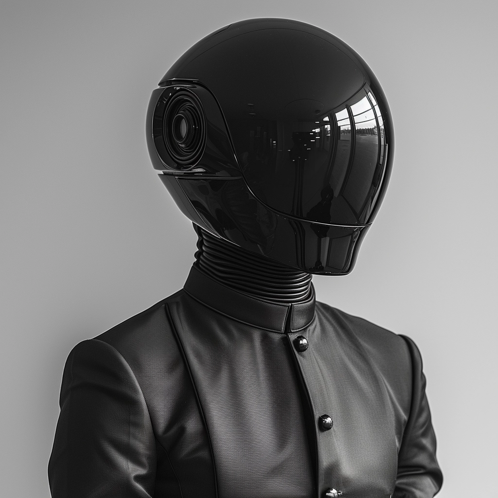 Futuristic Elegance: Black Nehru Suit & Robotic Samurai Helmet