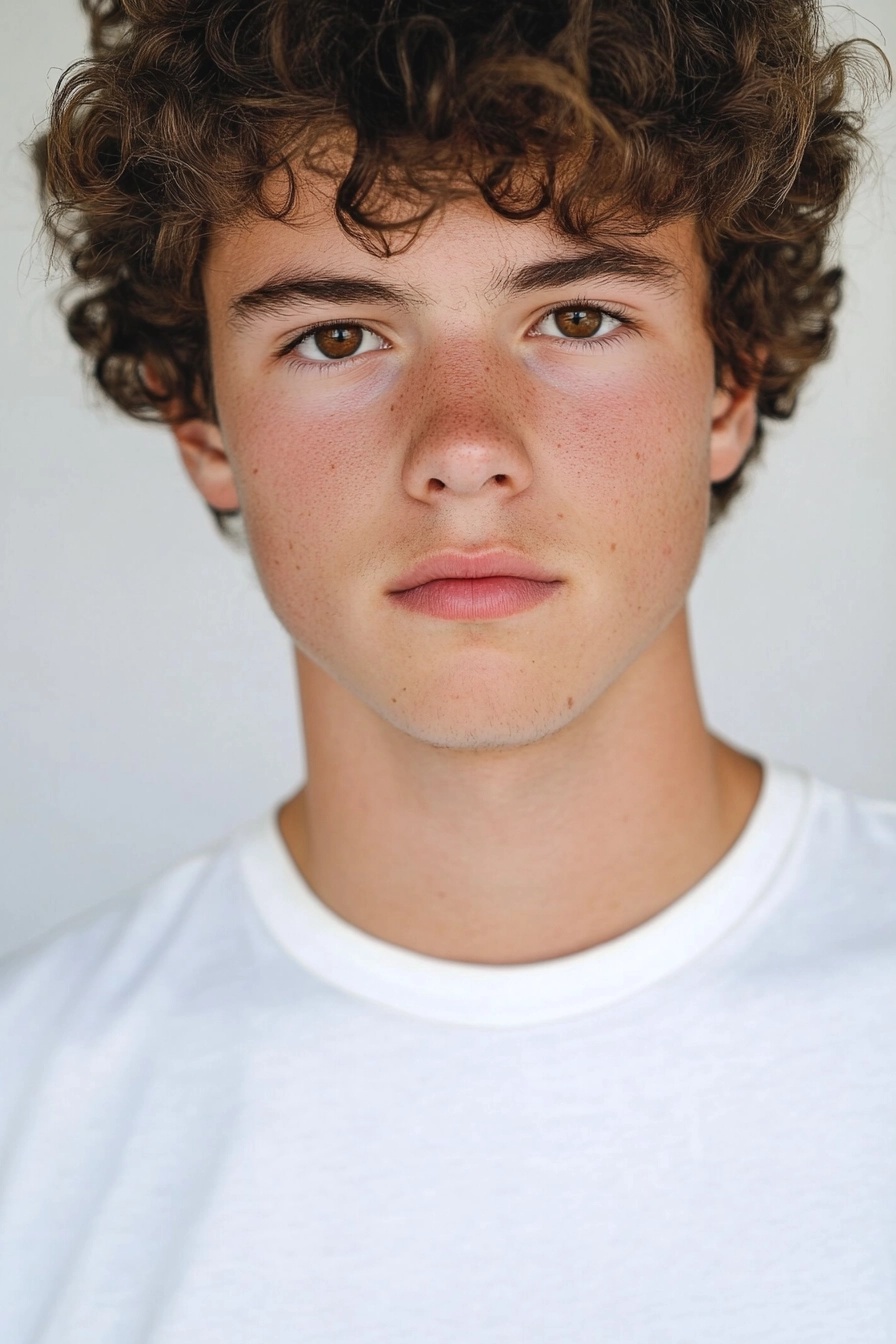 Young Man's Portrait: Curly Hair and Brown Eyes