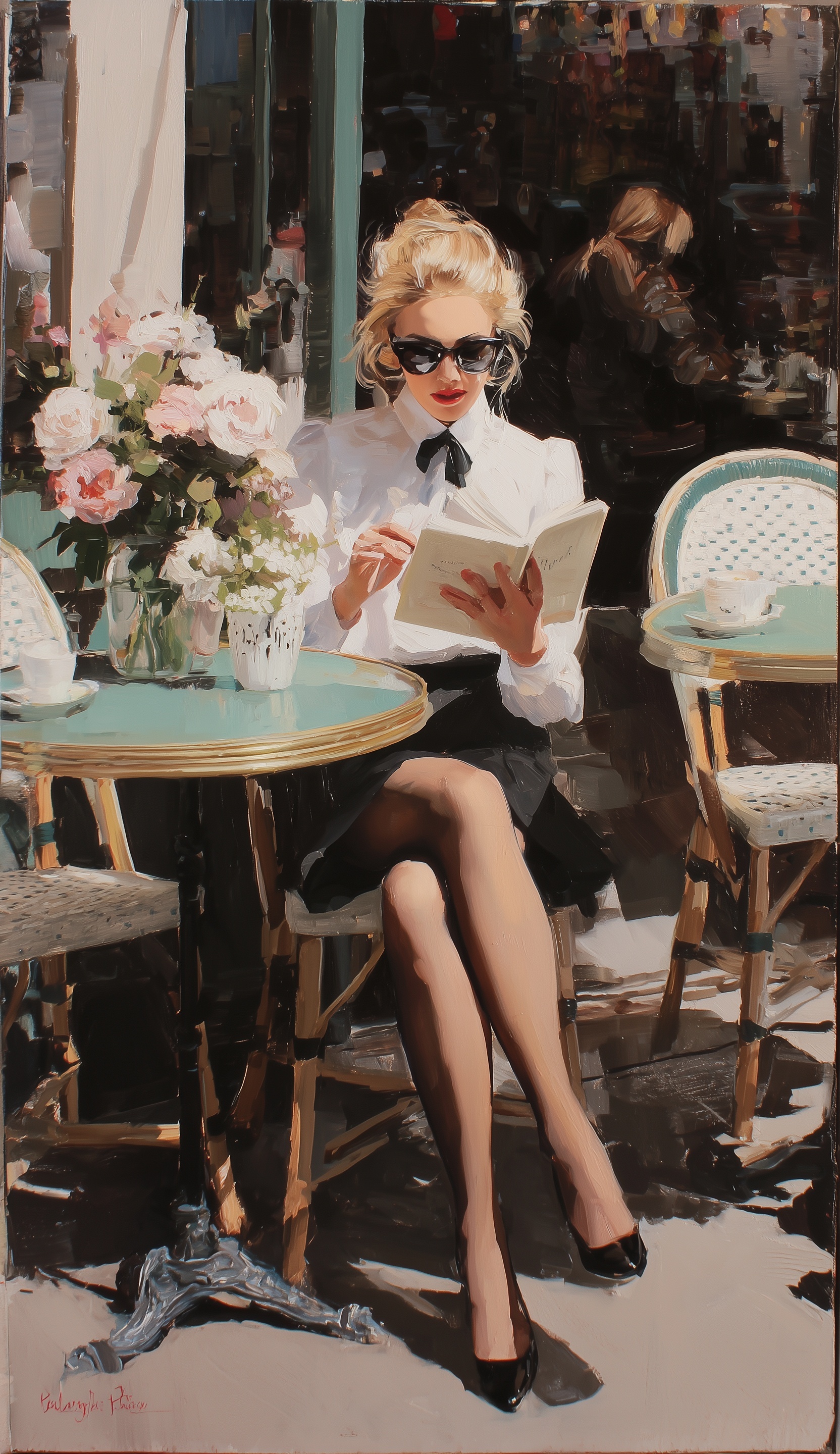 Elegant Parisian Café Scene in Oil Painting