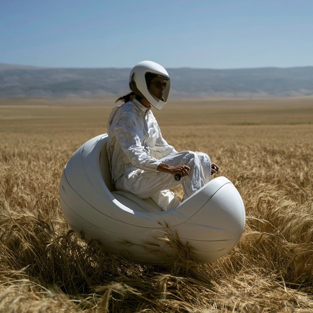 Teen Pilots Futuristic Craft Over Scenic Wheat Field