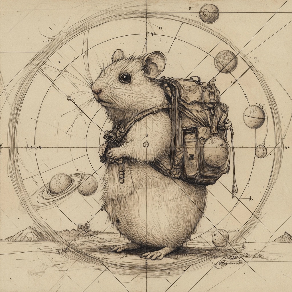 Wise Hamster's Cosmic Journey in a Running Wheel