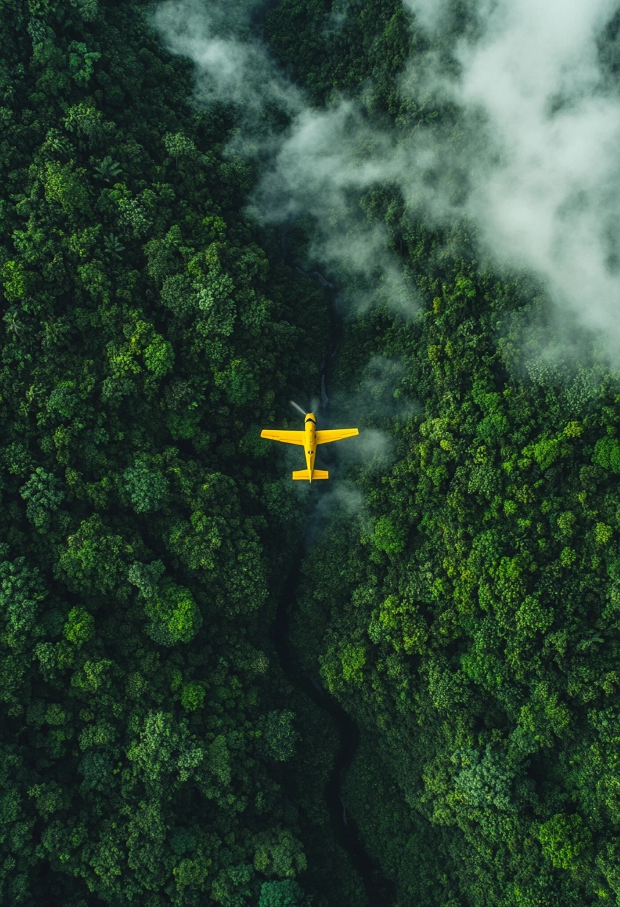 Serene Aerial View: Bright Yellow Plane Over Forest