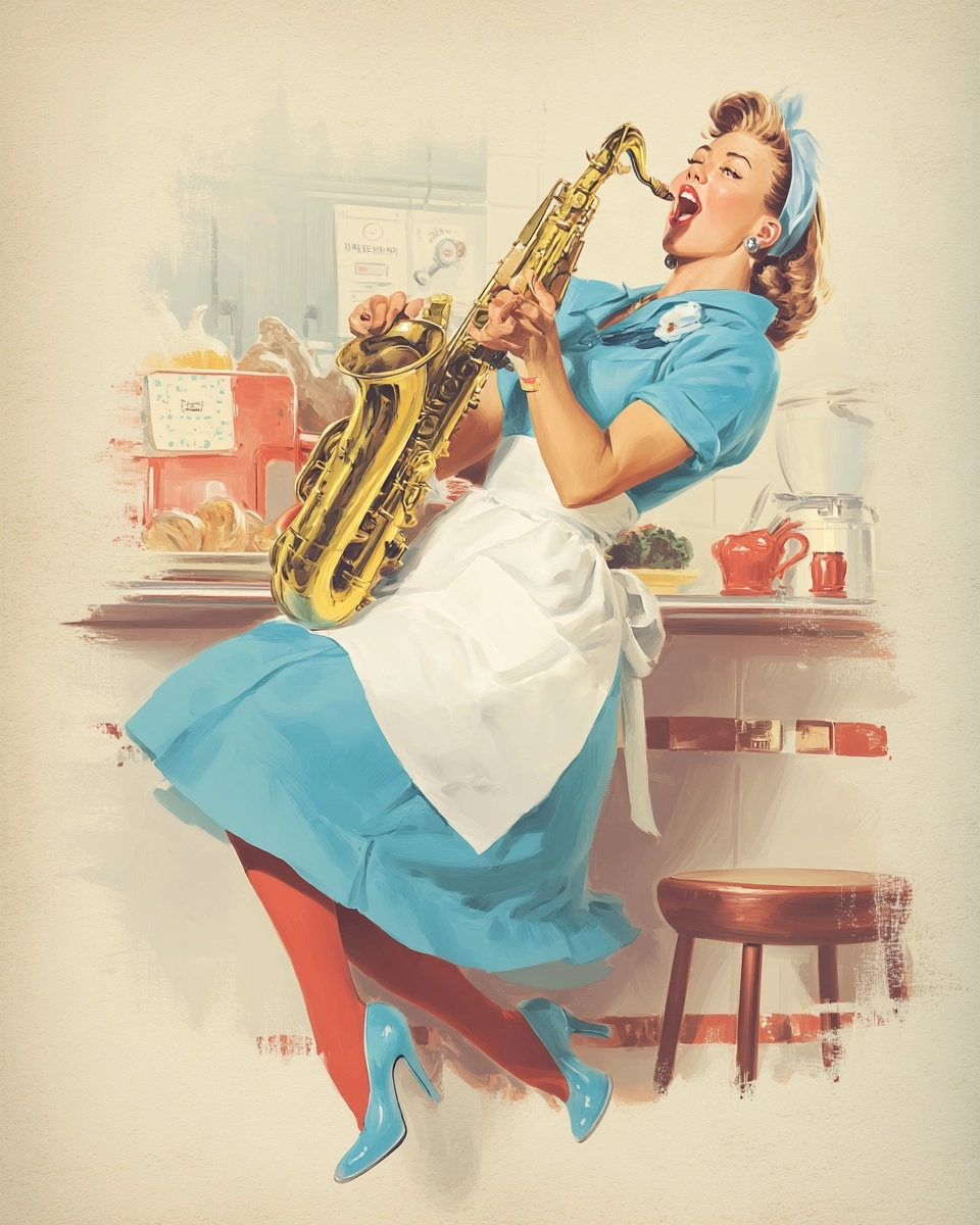 Retro 1950s Diner Waitress Saxophone Art