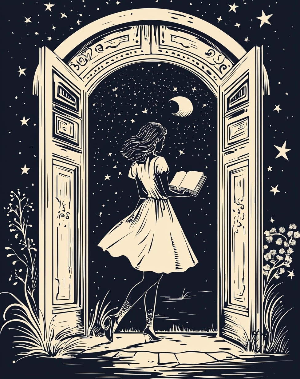 Vintage Sticker: Woman with Book, New Worlds Await