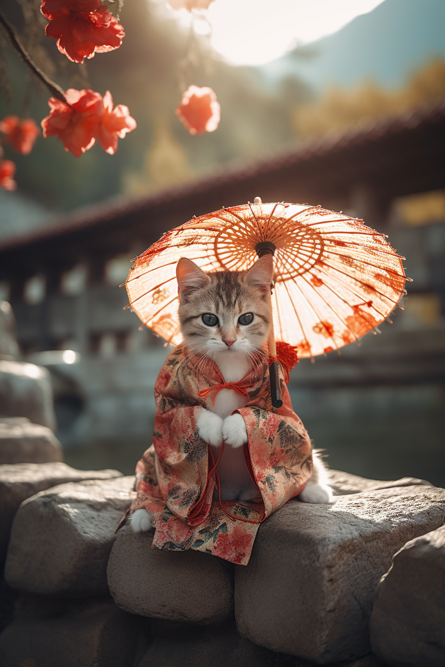 Chinese Style Mini Kitten with Oil-Paper Umbrella