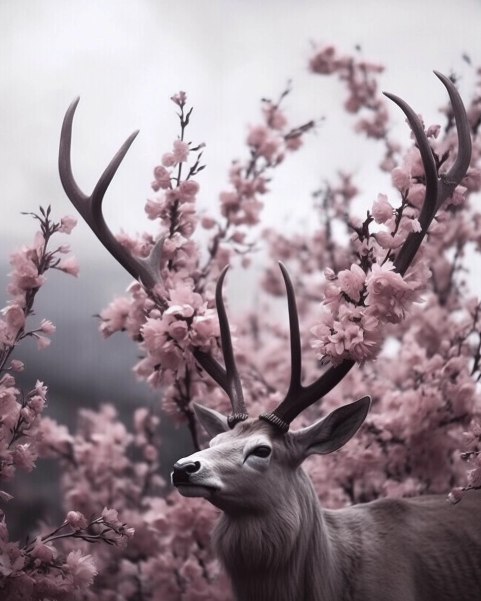 Surreal Beauty: Overgrown Deer Horns & Pink Blossoms