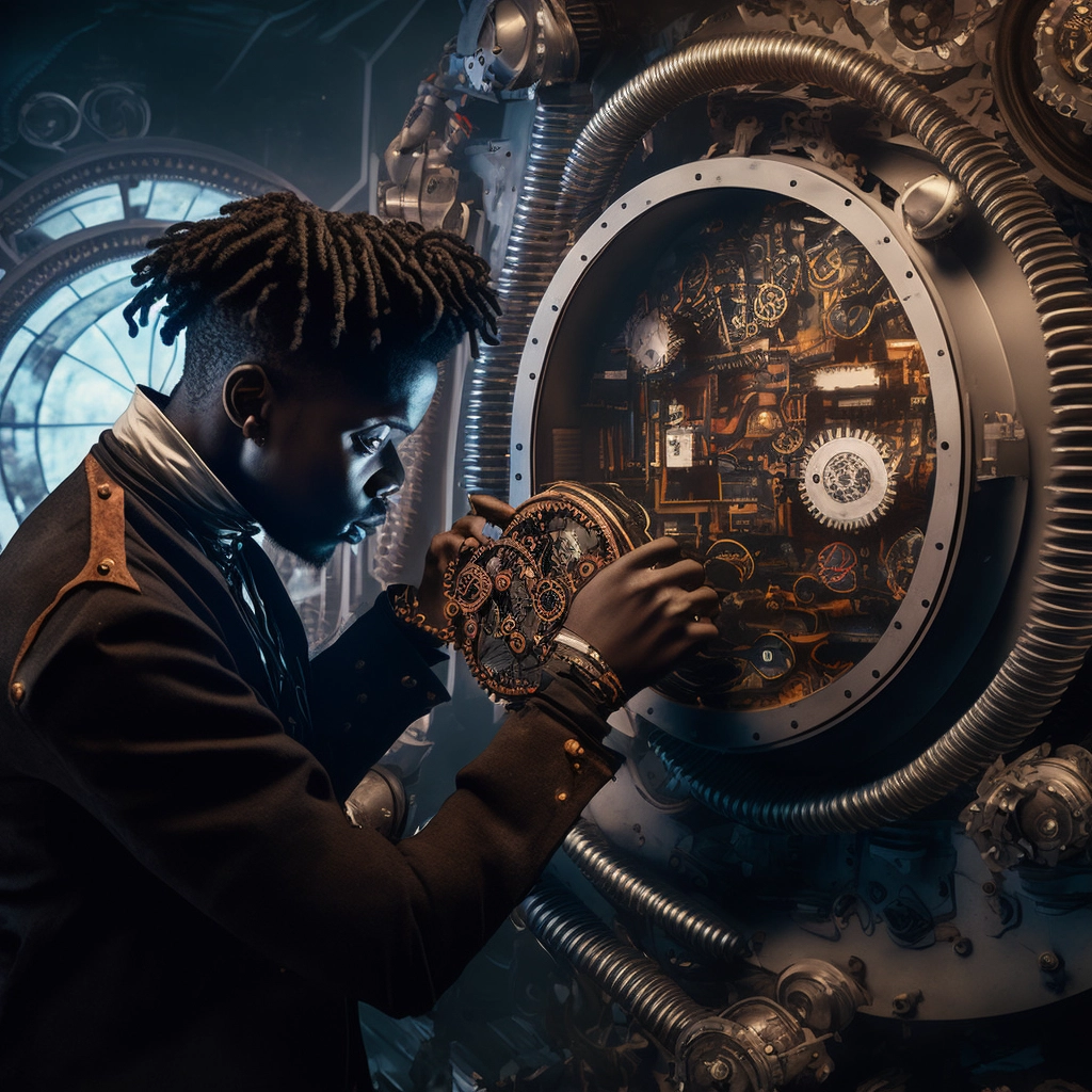 Black Cyberpunk Time Traveler: Intricate Machine & Futuristic Outfit