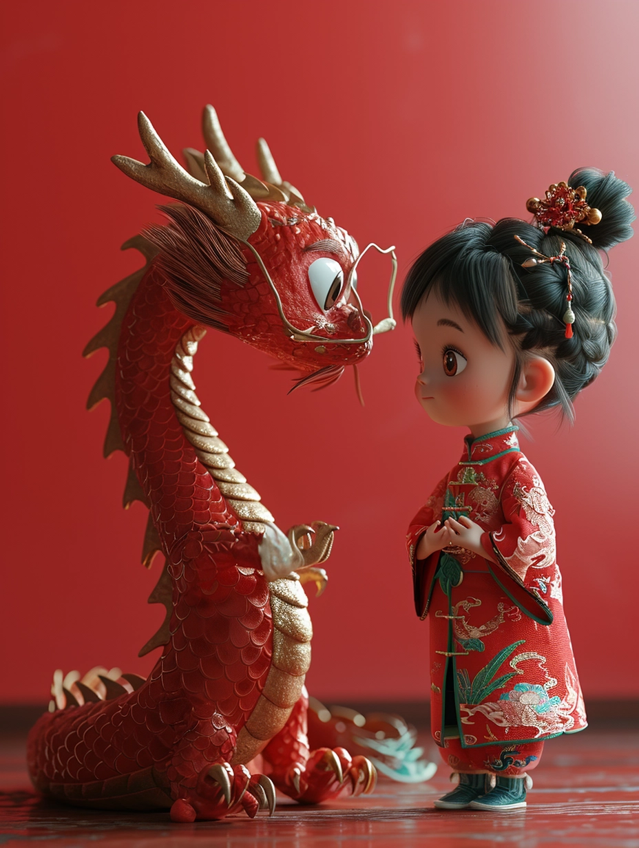 Chinese New Year Celebration: Red Dragon & Little Girl in Festive 3D Pixar Style