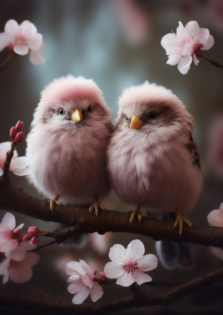 Springtime Joy: Fluffy Snowbirds on Blooming Tree