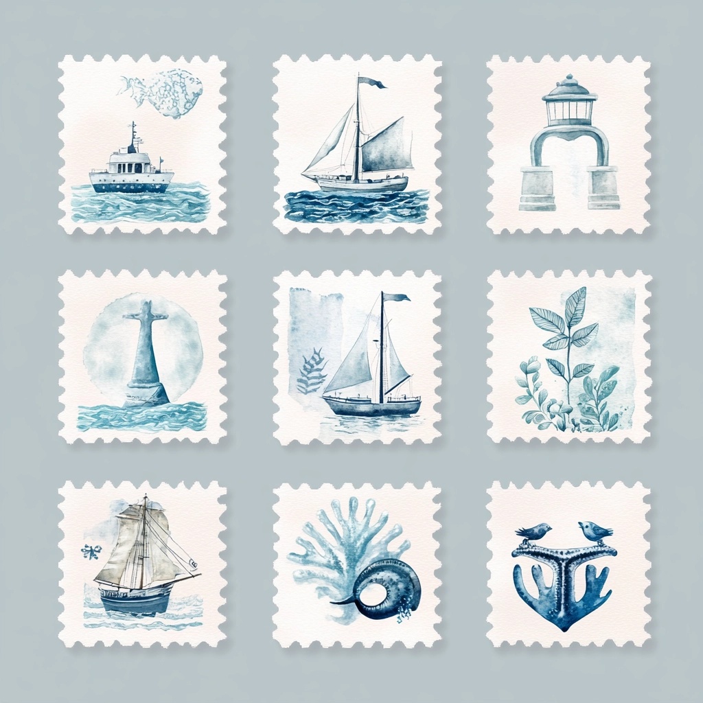 Retro Marine-Themed Watercolor Stamp Designs