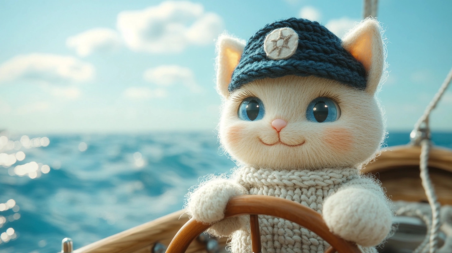 Adorable Knitted Cat Captain for Your Beach Decor