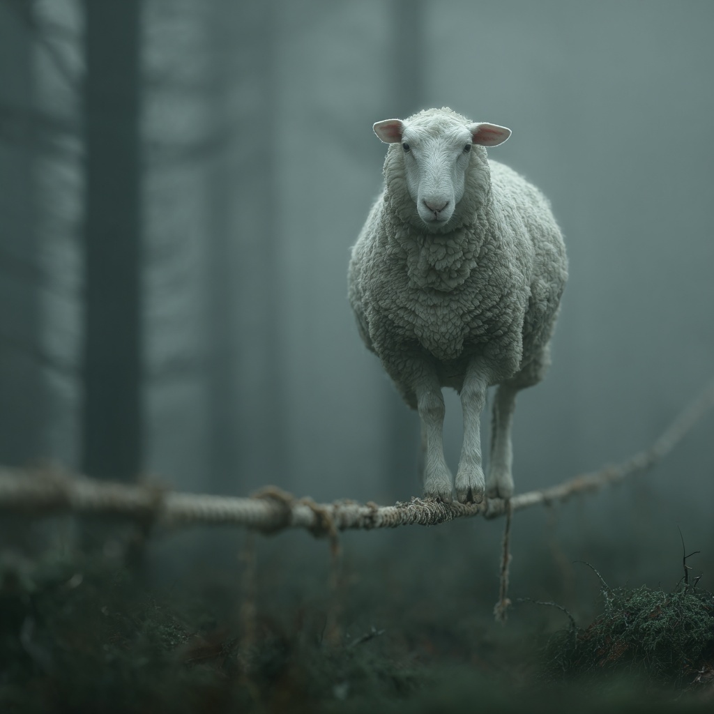 Serene Sheep on a Tightrope in Misty Forest