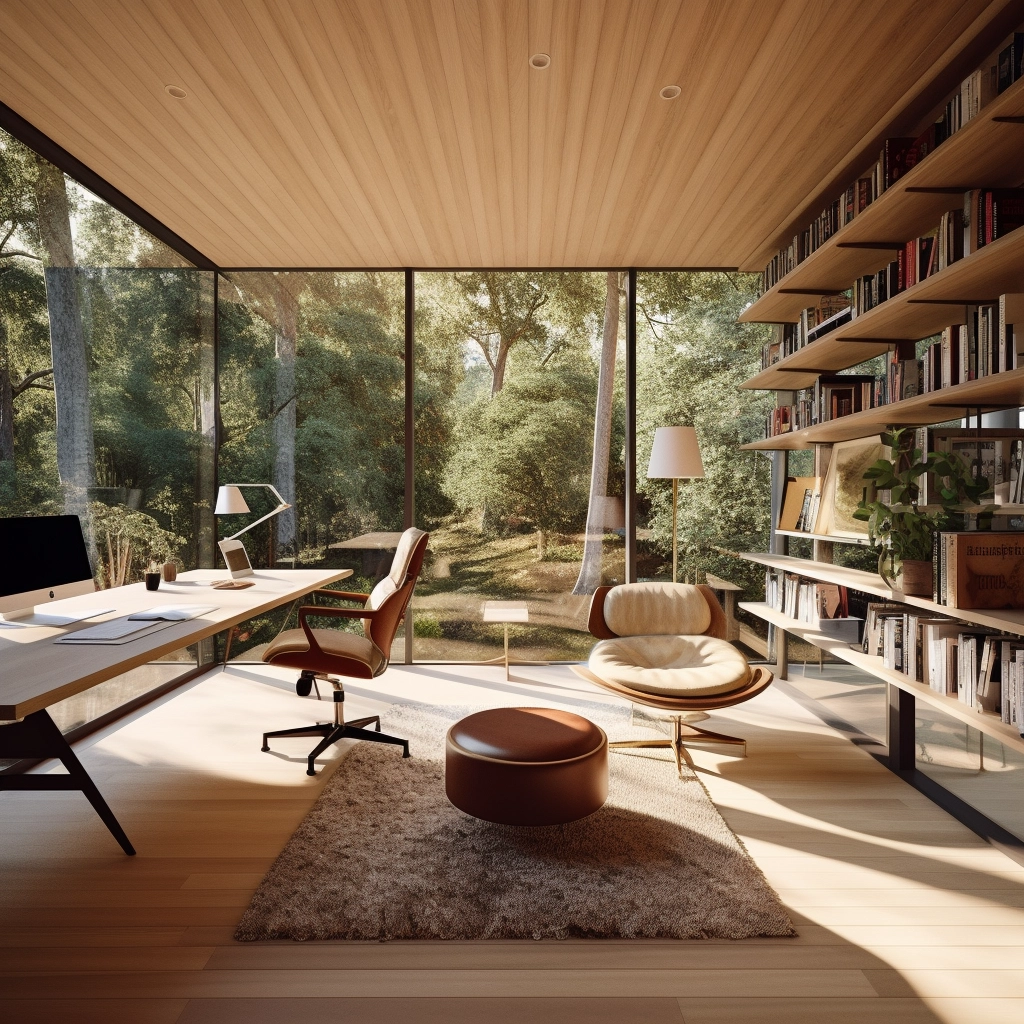 Stylish Office with Tree Views & Bookshelves