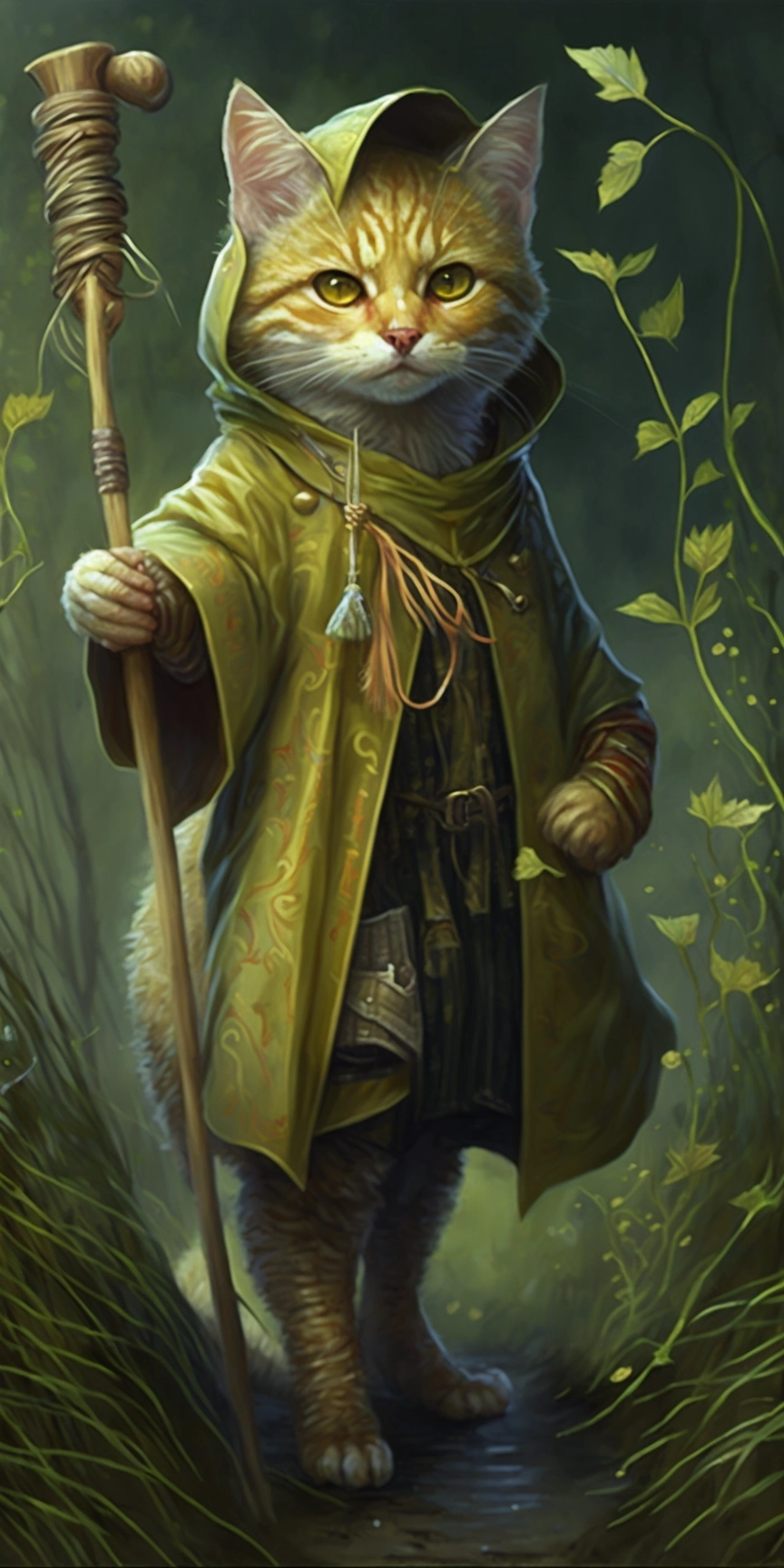 Magical Yellow Cat with Wooden Staff in Enchanted Forest