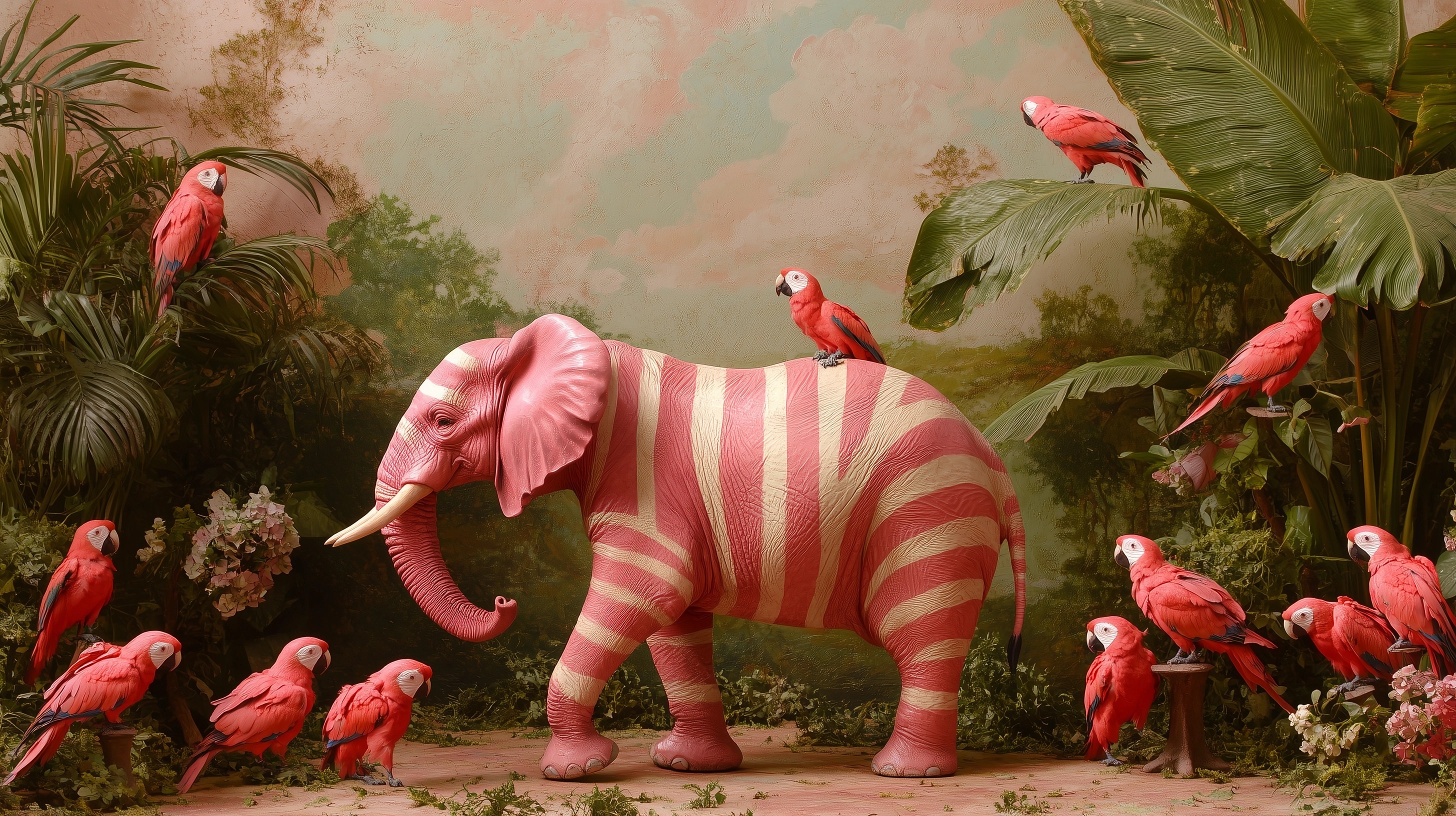 Vibrant Jungle Adventure: Pink Elephant & Parrots