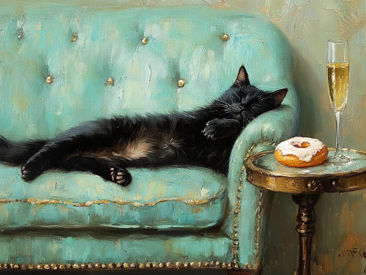 Elegant Black Cat Resting on Vintage Teal Sofa