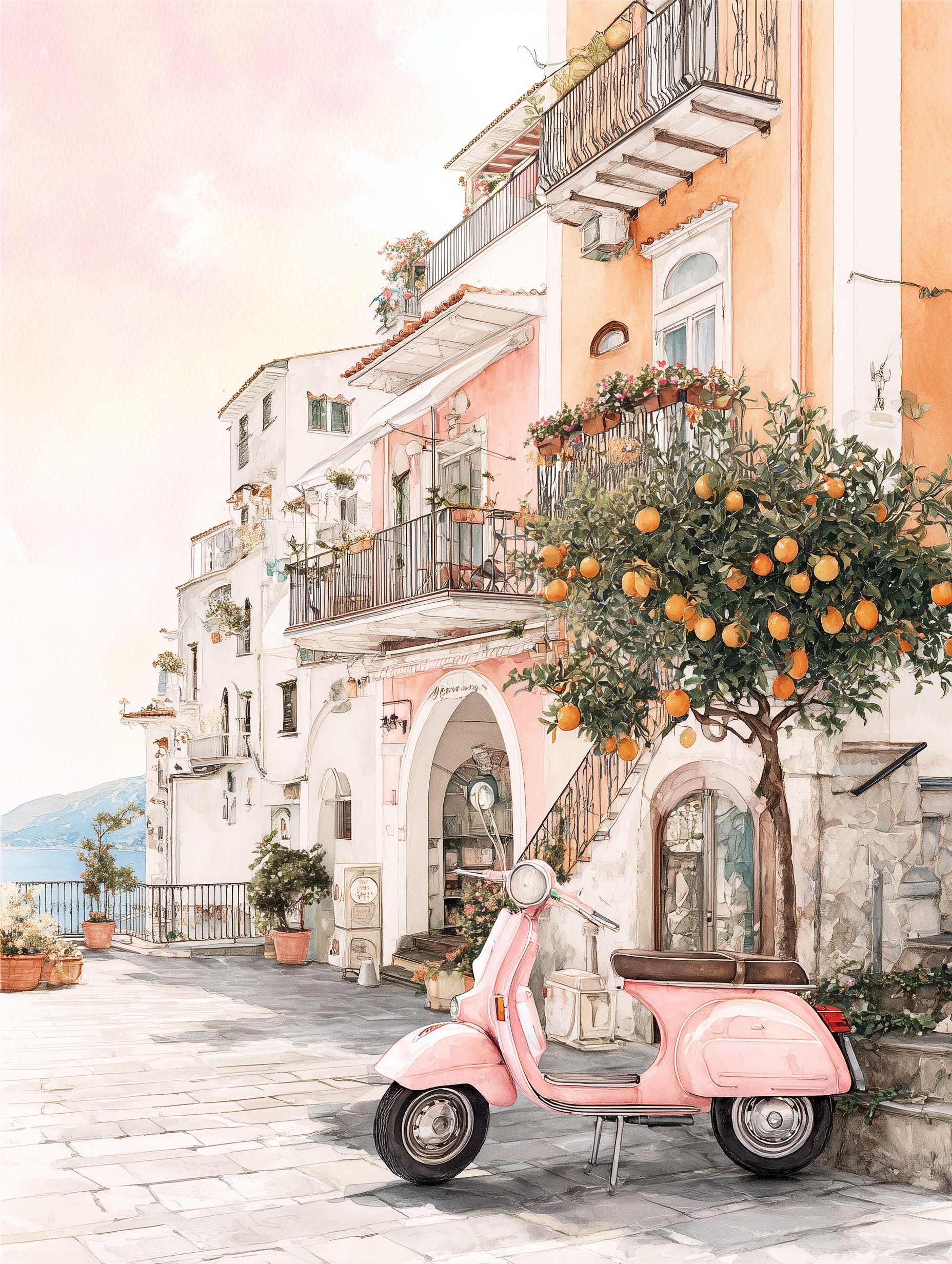 Charming Amalfi Coast Watercolor Vespa Art