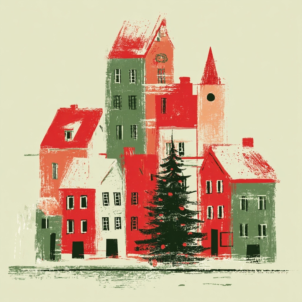 Charming Retro Christmas Town Illustration