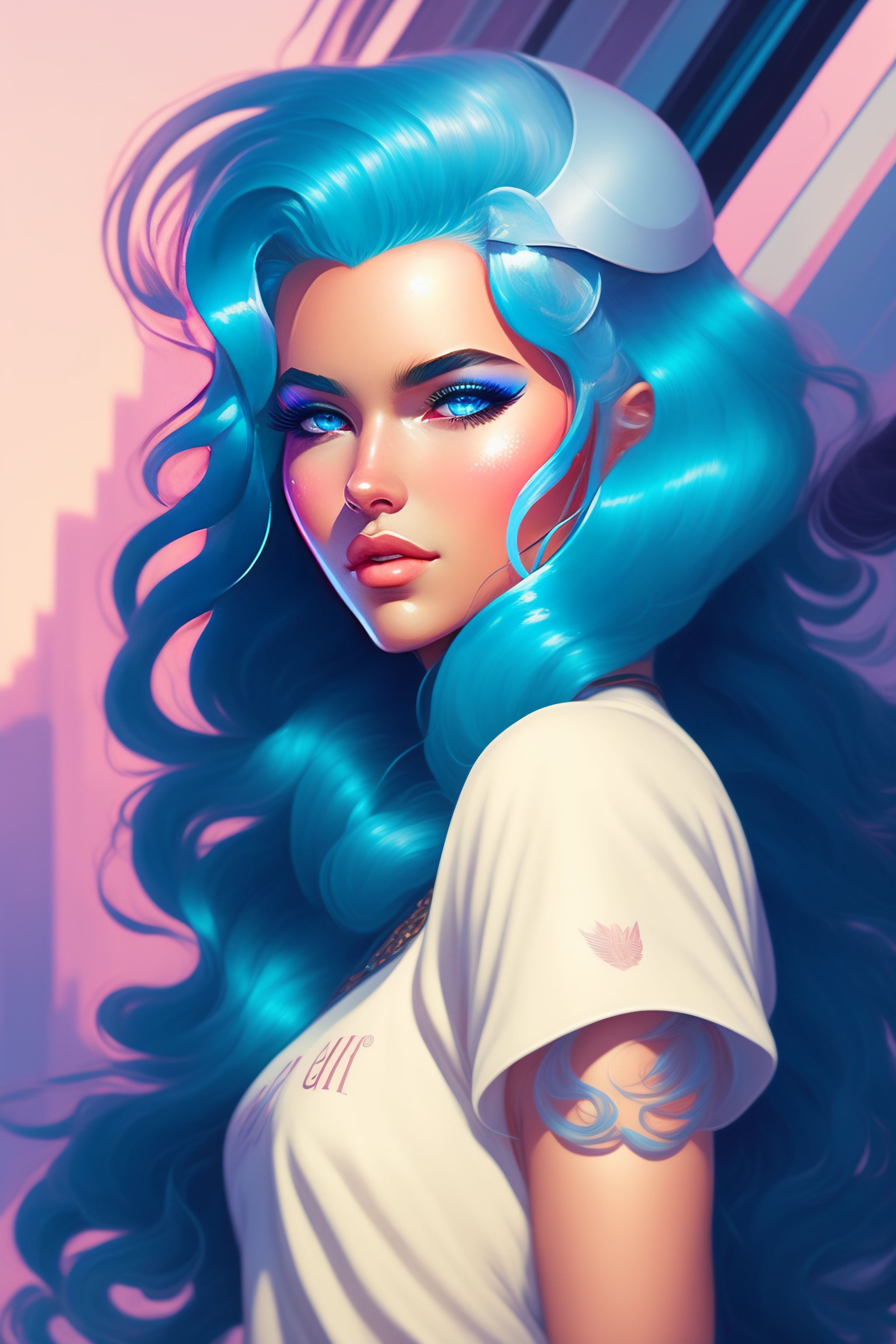 Wild Blue Hair Teen Portrait - Art Deco Style