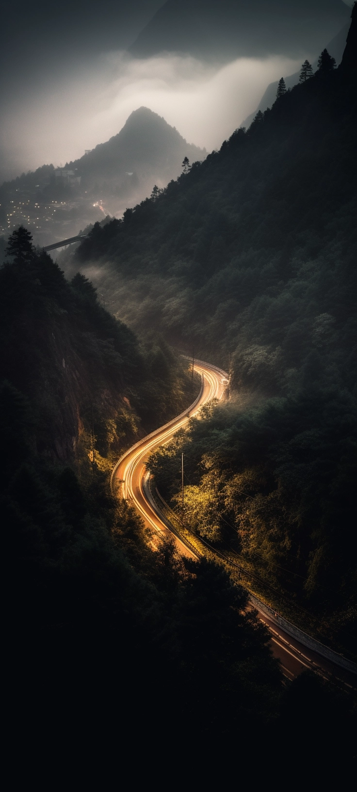 Mountain Road Adventure: Misty Drive Through Pine Trees