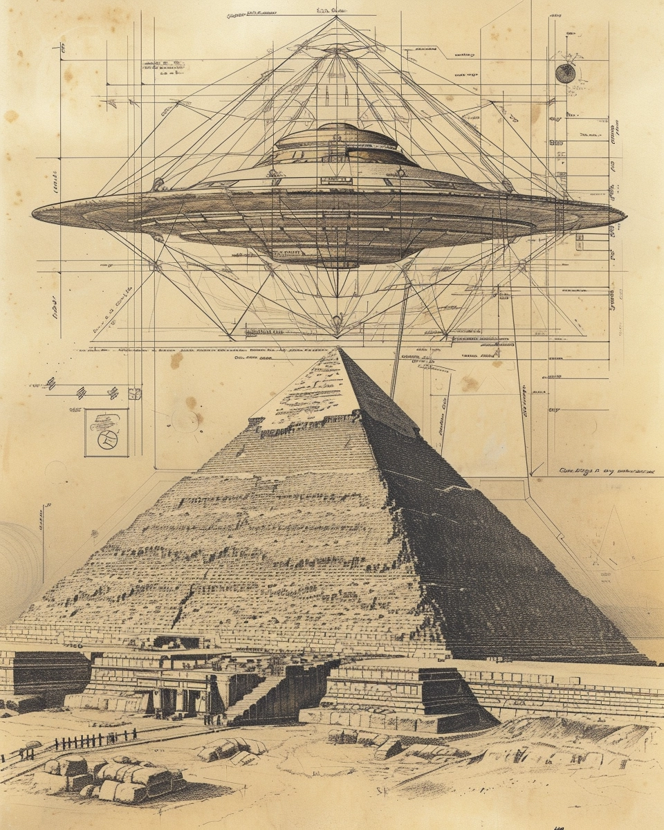 UFO Unveiled: Ancient Pyramid Awakens with Sacred Geometric Sketch