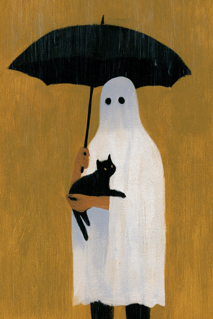 Whimsical Ghost Embracing a Kitten: Halloween Art