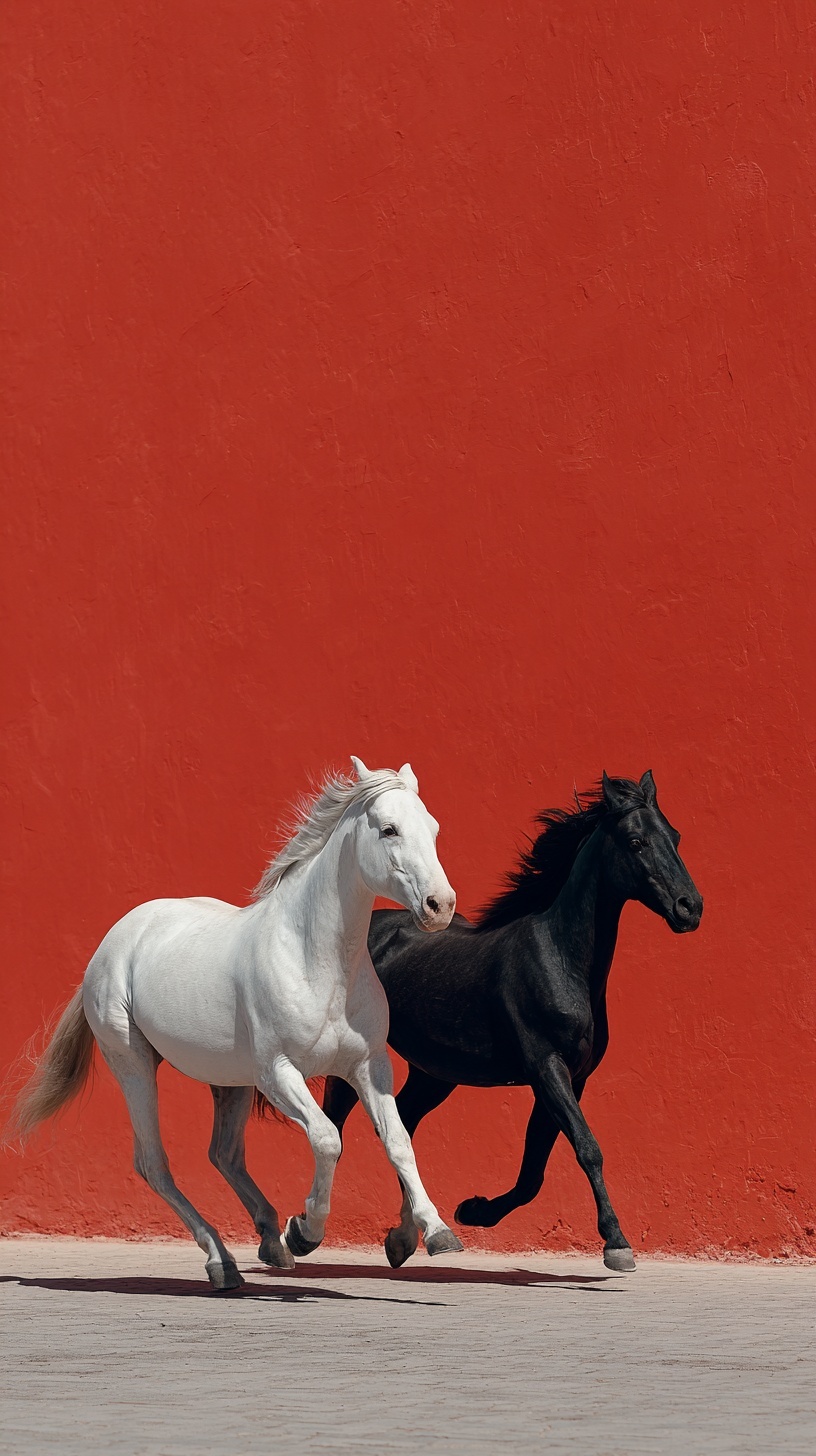Stunning Horses in Motion Against Bold Red Wall