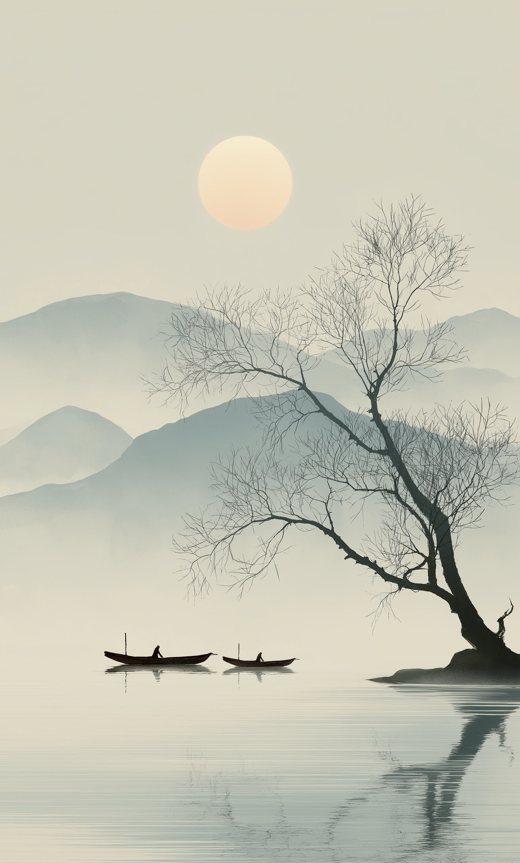 Tranquil Chinese Ink Beach Scene with Distant Peaks