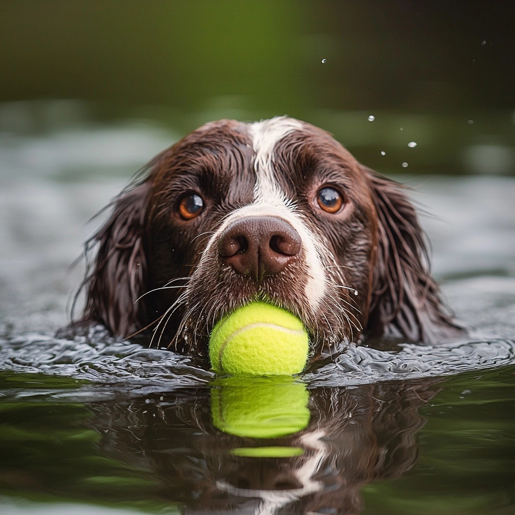 Springer Spaniel's Joy: Swimming with a Tennis Ball