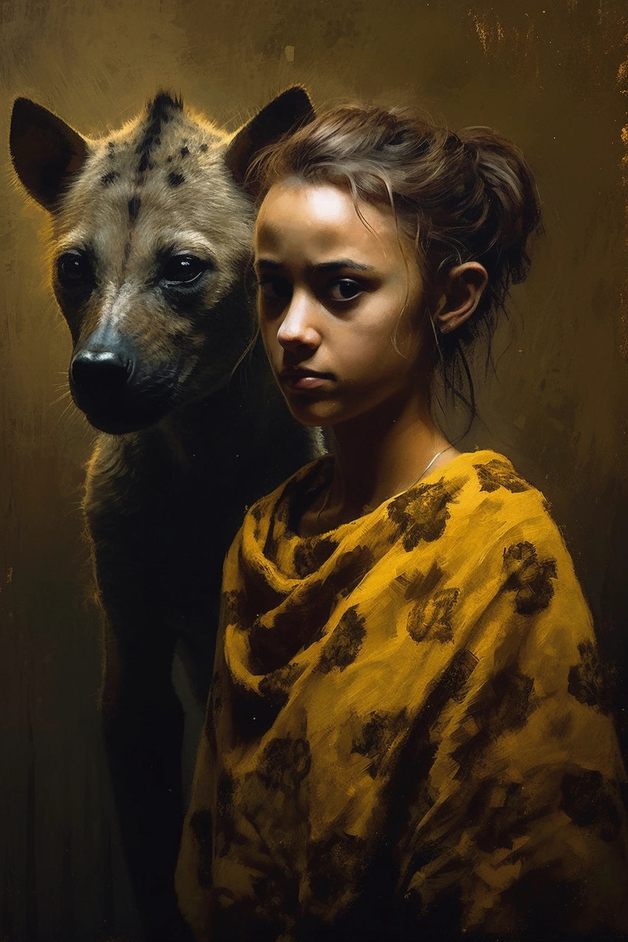 Mysterious Girl and Hyena: Realistic Animal Portrait