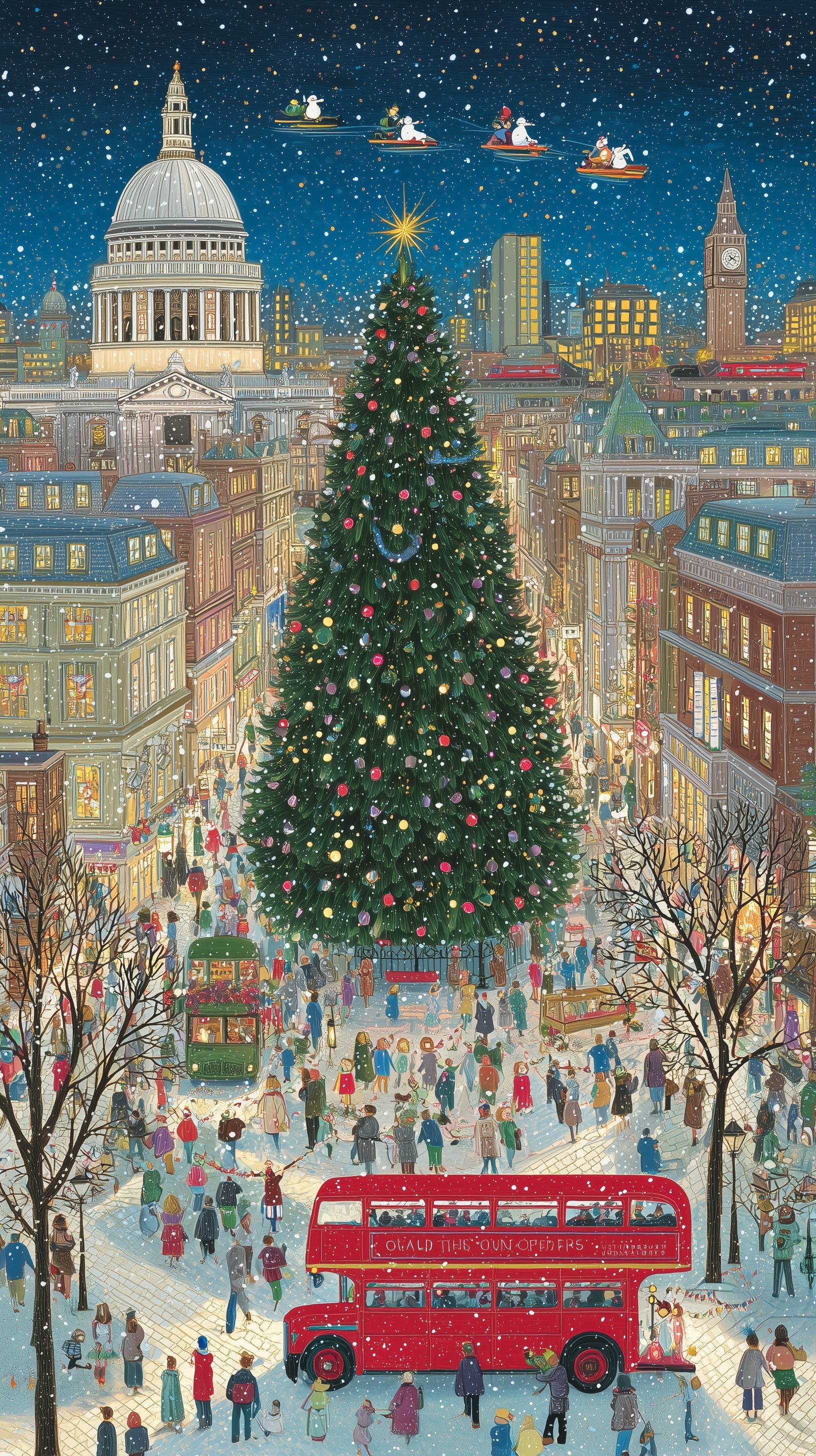 Festive London Christmas Market Scene in Vintage Style