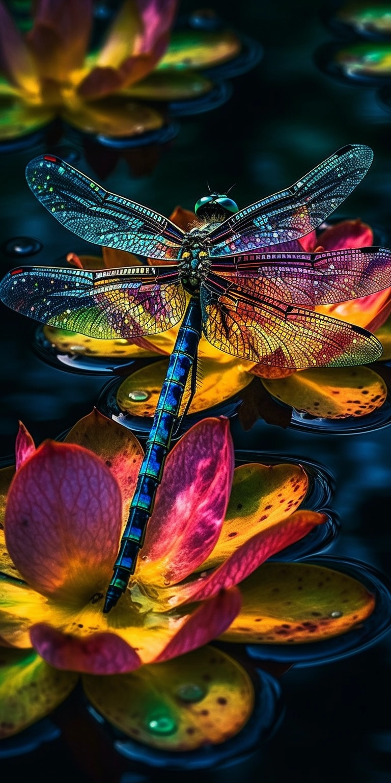 Stunning Dragonfly Closeup in Colorful Koi Pond