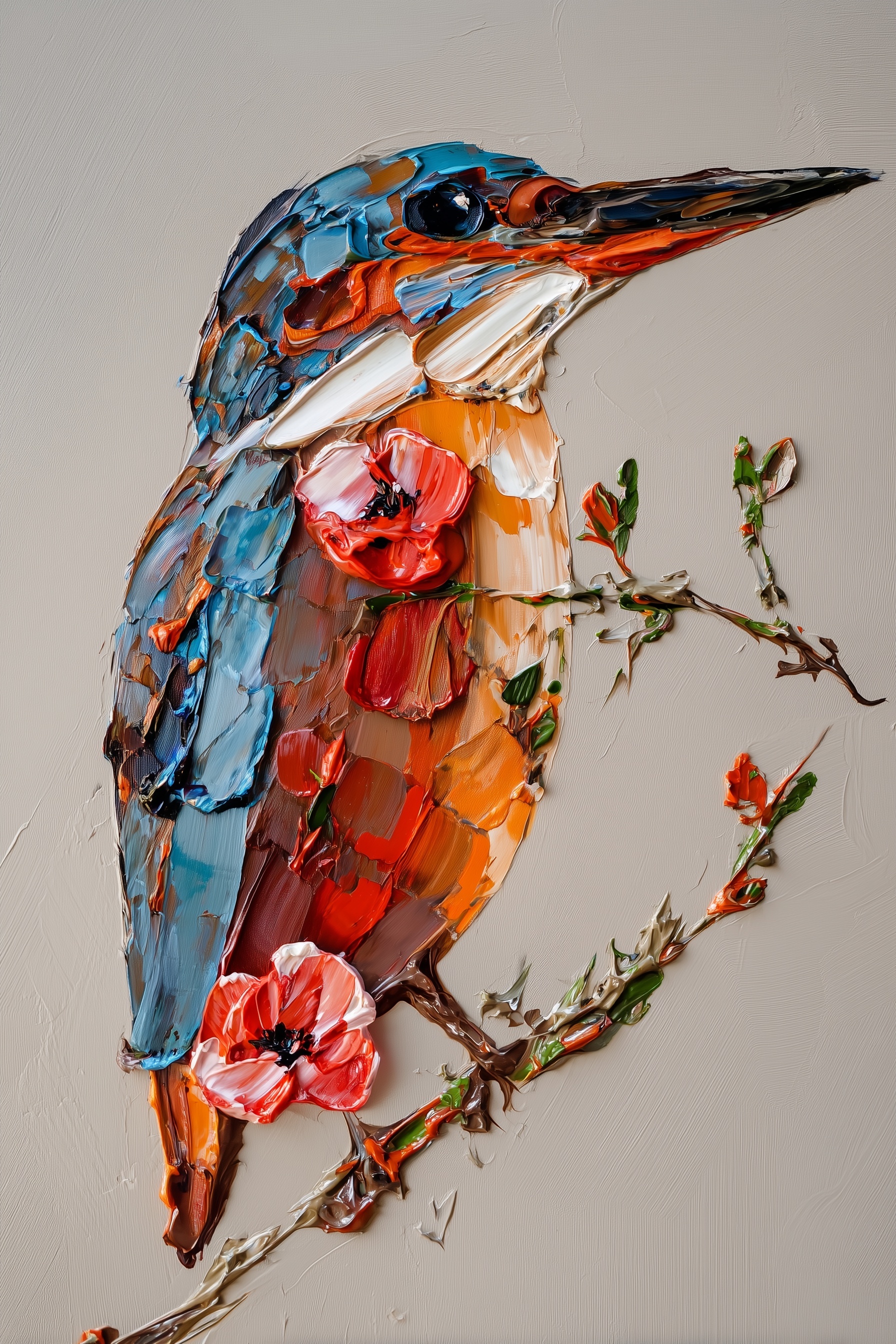 Kingfisher in Bloom: Minimalist Oil Painting