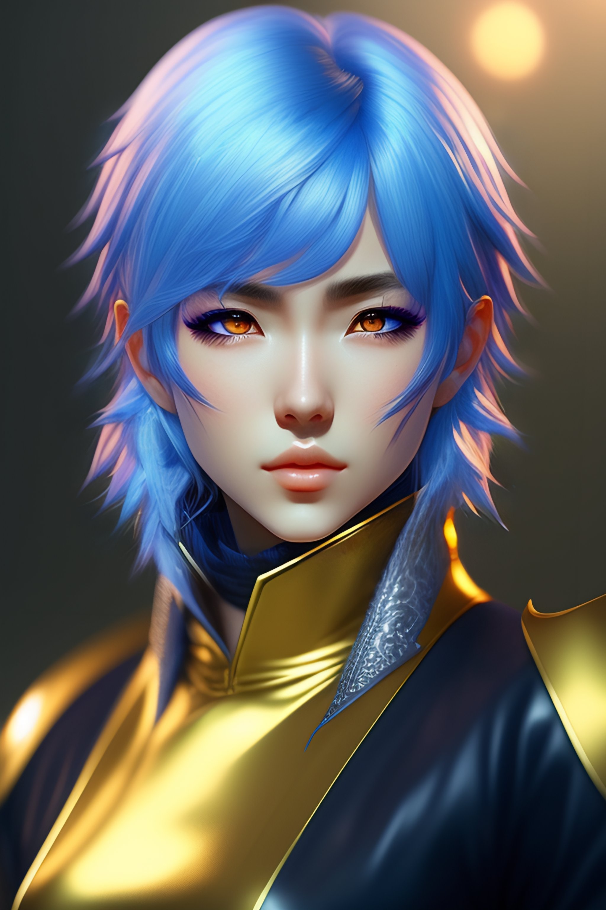 Hyper-realistic Anime Portrait with Blue Hair & Gold Eyes