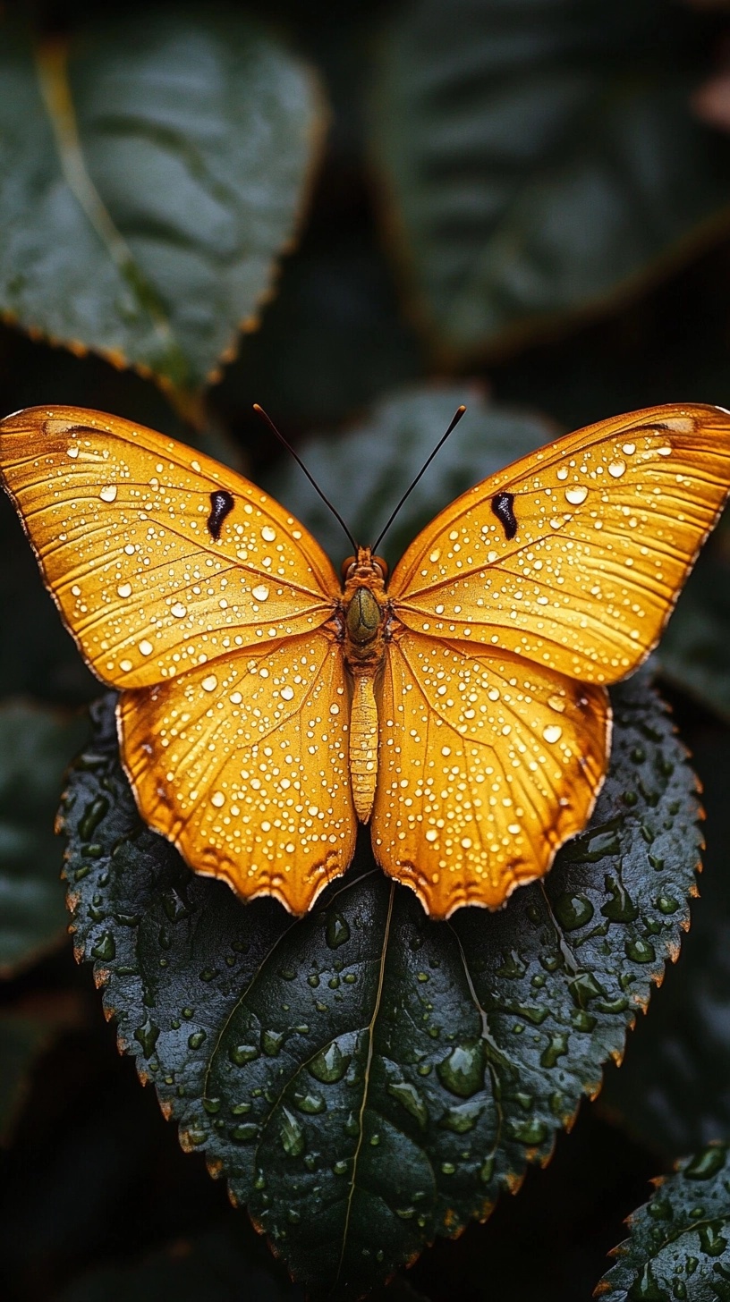 Serene Butterfly on Dewy Leaves