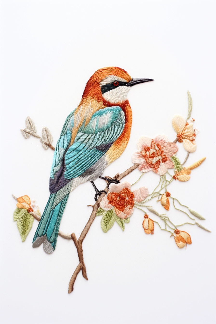 Exquisite Bird Embroidery on White: A Charming Sketch