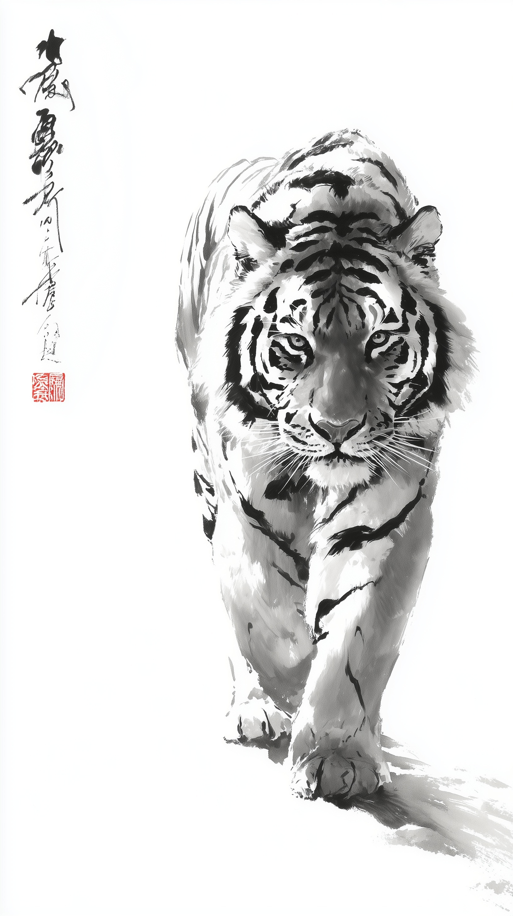 Elegant Tiger Ink Wash Art - Strong Motion & Rhythm