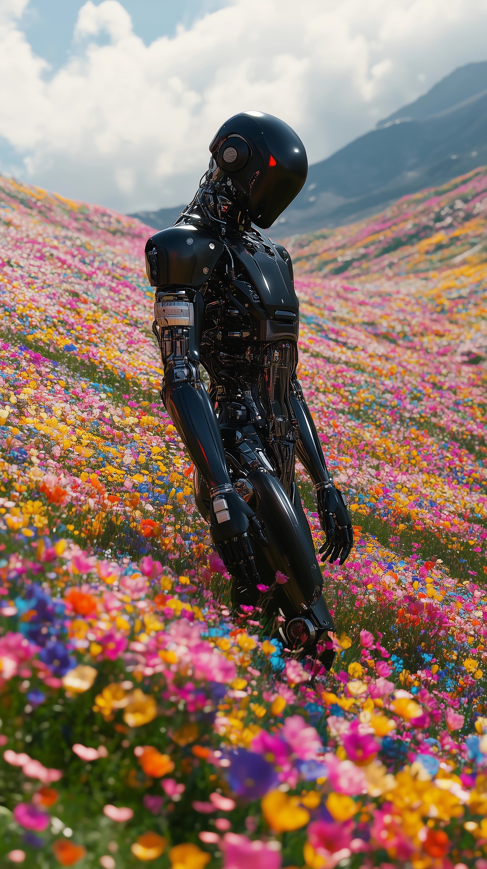 Black Robot Strolling in Vibrant Flower Field