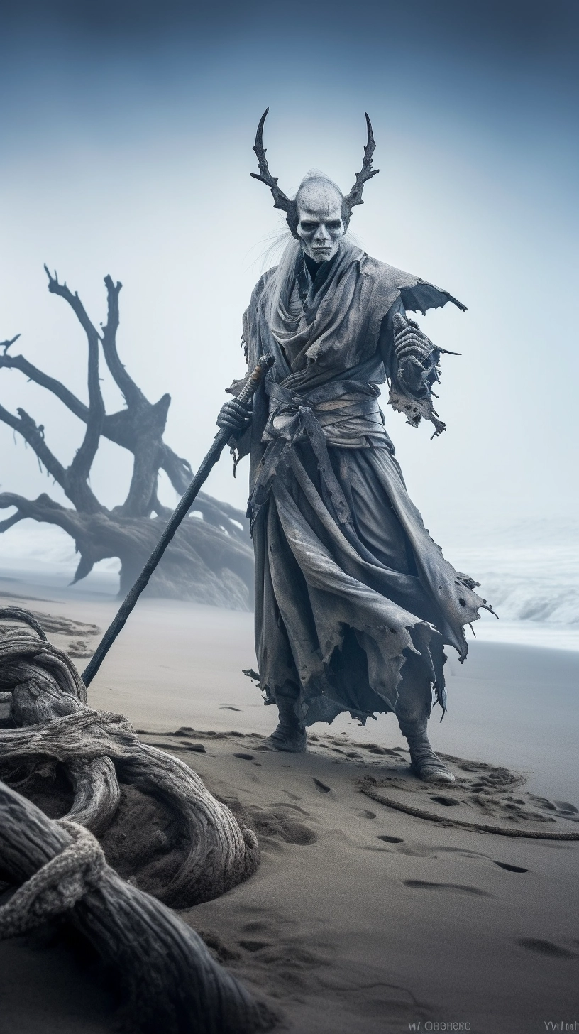 Anthropomorphic Samurai Warrior in Foggy Coastal Landscape