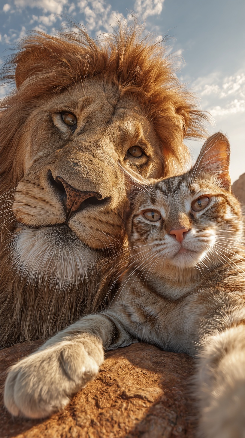 Cat and Lion Selfie: A Vivid African Adventure