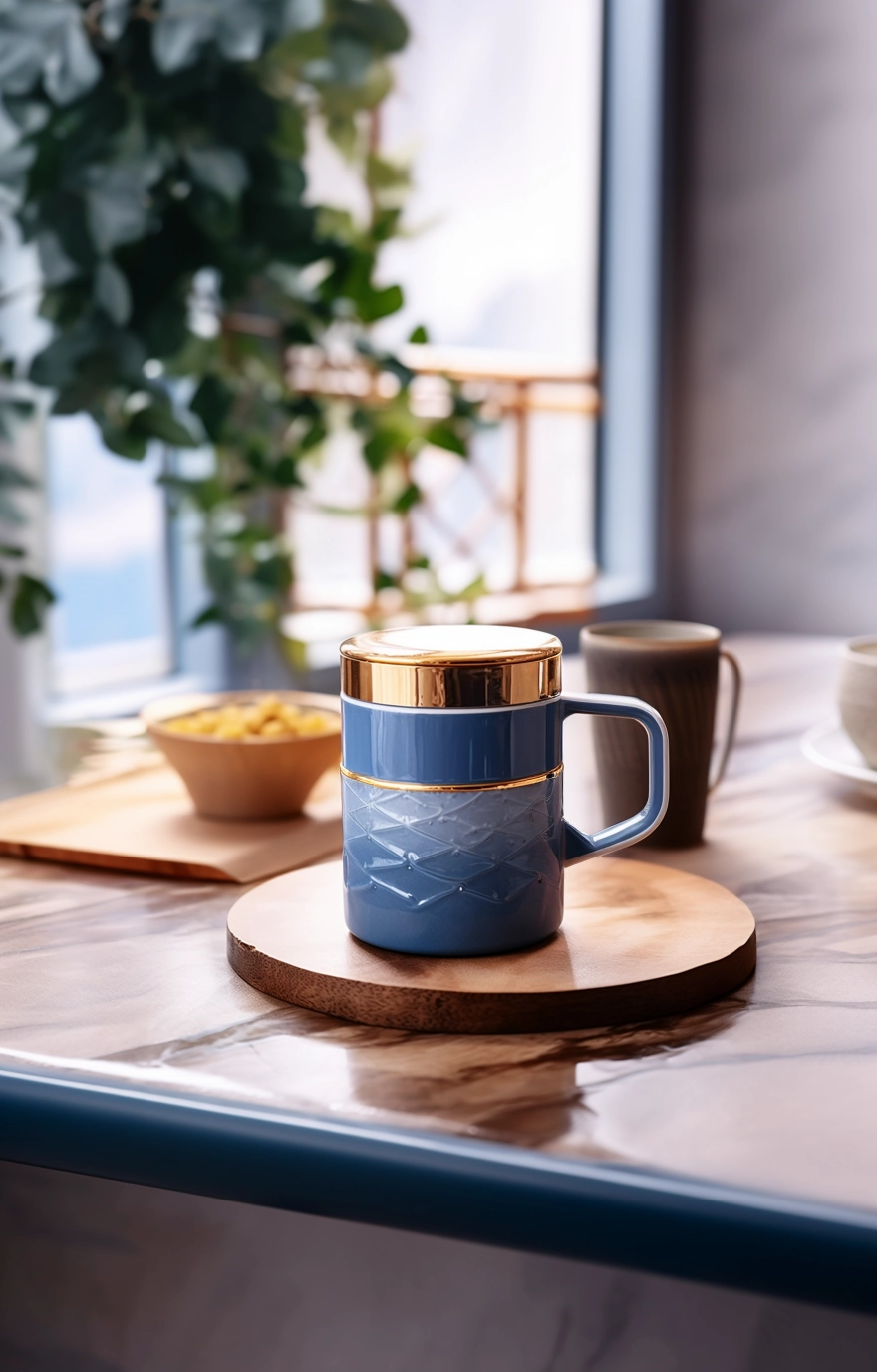 Translucent Blue Ceramic Mug with Gold Lid - Rustic, Multilayered Dimensions